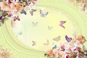 Фотообои 3D Бабочки и цветы на зеленом фоне