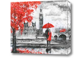 Картина Влюбленные с красным зонтом в Лондоне